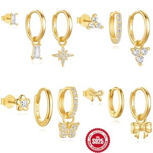 925 Sterling Silver Butterfly Star Geometric Stud Hoop Earrings Gold Plated Zircon Fashion Jewelry For Women