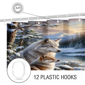 Detail of 0.4 inch metal eyelets and 12 plastic hooks for the wolf themed shower curtain
