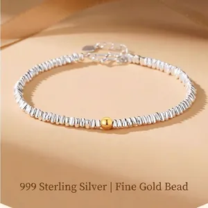 S999 fine silver nugget bracelet for women featuring a 24k solid gold bead accent