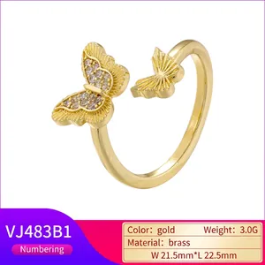 18K gold plated butterfly open ring with micro-set zircons and sparkling heart details