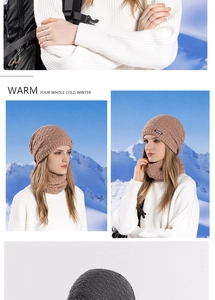 Close-up of thick knit winter hat and scarf set with soft fleece lining for cold weather