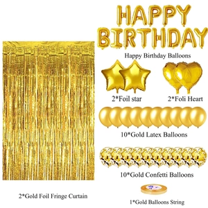 Detailed gold birthday party kit components including foil balloons and fringe curtains