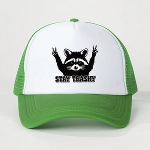 Detail of Stay Trashy trucker hat featuring green mesh and raccoon graphic print