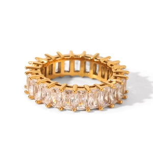 Hip hop style gold titanium steel ring featuring rectangle zircon pavé on white background