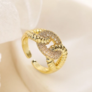 18K gold plated twisted rope open ring with sparkling pavé zircon stones for women