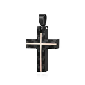 Men Cross Pendant Necklace Stainless Steel Carbon Fiber Texture Inlay Matte Black Jewelry Religious Fashion Accessory