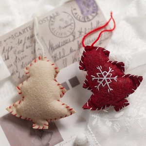 Handmade wool felt Christmas tree ornaments with snowflake embroidery and vintage background