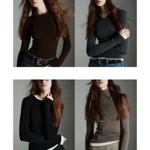 Collage of slim fit wool knit tops in various colors and necklines for women
