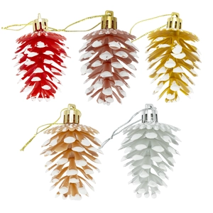 Lot de 5 ornements sapin de Noël pommes de pin 6cm avec pointes enneigées colorées
