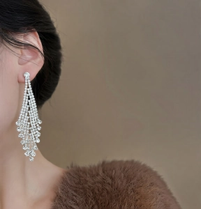 Macro view of long silver tassel earrings with sparkling rhinestones worn by a model
