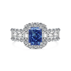 Elegant S925 silver ring featuring a large rectangular blue zircon with halo diamond setting