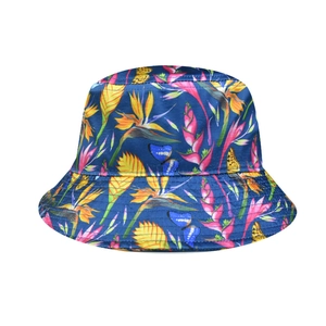 Women's summer bucket hat featuring tropical floral prints on navy blue fabric