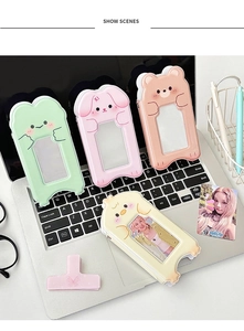 Scene showing cute animal card holders including frog, rabbit, bear, and chick styles