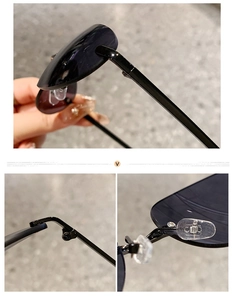 Detail view of durable metal hinges and clear nose pads on rimless oval sunglasses