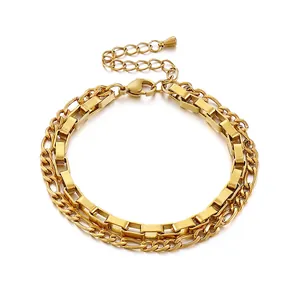 Double Layer Chain Bracelet Stainless Steel Figaro Box Links Adjustable Geometric Trendy Jewelry For Men Women