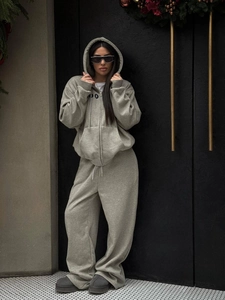 Damen Streetwear Baumwolle Kapuzenpullover und Jogginghose Top und Bottom Bedrucktes Lockeres Sweatshirt mit Reißverschluss