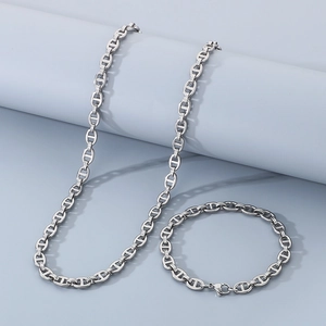 Set di collana e bracciale in acciaio inossidabile argento con maglia a catena ancora