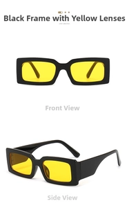 Detail of rectangular sunglasses featuring black frames and translucent yellow lenses
