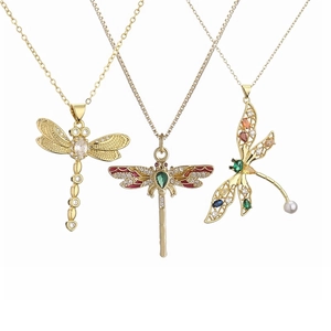 Dragonfly Pendant Necklace Copper Colorful Zircon Rhinestone Animal Jewelry For Women Vintage Fashion