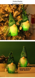 Close-up of glowing St. Patrick's Day gnome with green sequins and LED light feature