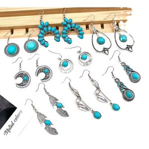 Bohemian turquoise earring set with vintage silver alloy feather and moon designs
