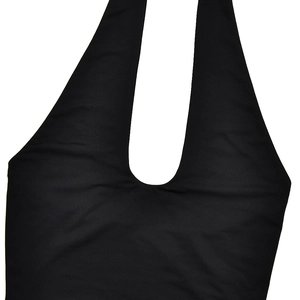 Detail view of black halter neck top with tie straps and smooth fabric texture