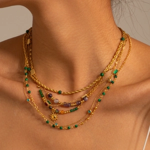 18K gold plated stainless steel layered necklace with turquoise beads and evil eye pendant