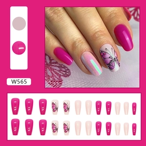 Detail of pink and purple ballerina press-on nails with butterfly nail art, 24 piece set