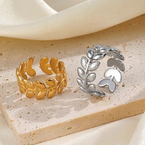Bague Feuille En Acier Inoxydable Plaquée Or 18K Réglable Ouverte Branche D'olivier Motif Blé Bijoux Mode Pour Femmes