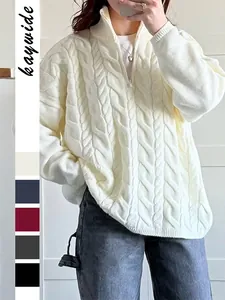 Women Cable Knit Sweater Half Zip Stand Collar Long Sleeve Loose Fit Polyester Acrylic Blend Solid Color Casual Top