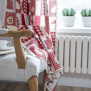 Red and white checkered semi-blackout kitchen curtain with rustic cotton-linen tassels