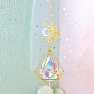 Golden moon suncatcher with prismatic crystal teardrop and geometric diamond frame decor