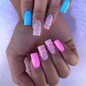 Press On Nails Medium Long Square Fake Nails Wavy Line Pattern Pink Blue Two Tone Artificial Nail Tips For Women