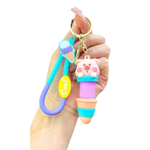 Cute pink pig ice cream silicone keychain with Cool printed wrist strap and metal ring