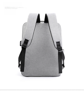 Gray business laptop backpack back view with breathable straps and external USB port