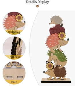 Detail of wooden hedgehog autumn decoration with stacked design and laser-cut edges
