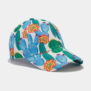 Detail of tropical cactus print on white baseball cap with high quality fabric texture