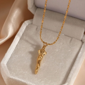 Adjustable golden stainless steel cornicello necklace in a premium white velvet jewelry box