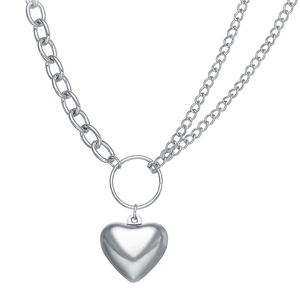 Hip hop heart pendant necklace with asymmetrical thick and thin silver chains