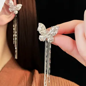 Butterfly Ear Cuff Long Chain Tassels Zircon Inlaid Copper Silver Plated Elegant Non Piercing Clip Earrings For Women