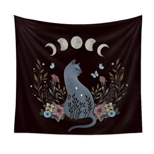 Celestial cat tapestry featuring moon phases and colorful floral art on black background