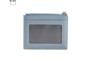 Detailed view of light blue PU leather card holder with zipper and clear ID window slot
