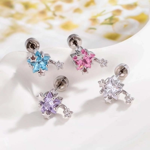 Star-shaped cartilage studs with colorful gemstones in silver-tone stainless steel finish