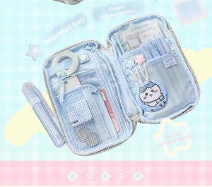 Detailed interior of blue multi-functional stationery bag showing storage compartments