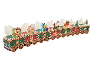 Close-up of cardboard Christmas train advent calendar boxes with Santa and reindeer motifs