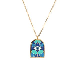 Gold arch necklace with blue evil eye enamel pendant inspired by Roman architecture
