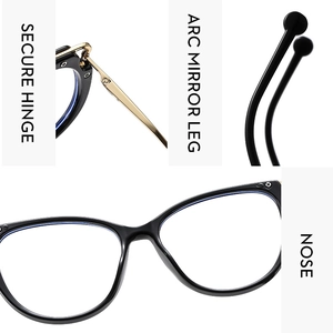 Detail view of cat-eye TR90 frames showing secure metal hinges and ergonomic nose pads