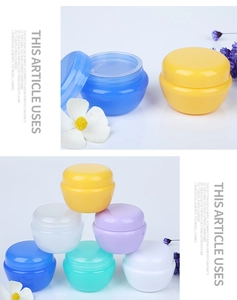 Detailed view of colorful 15g-30g mushroom cream jars in five pastel plastic shades