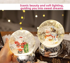 Detail of Christmas crystal ball lanterns with Santa and snowman glowing in warm light