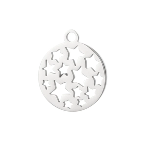 Pendentif minimaliste rond en acier inoxydable argenté avec motifs d'étoiles évidées